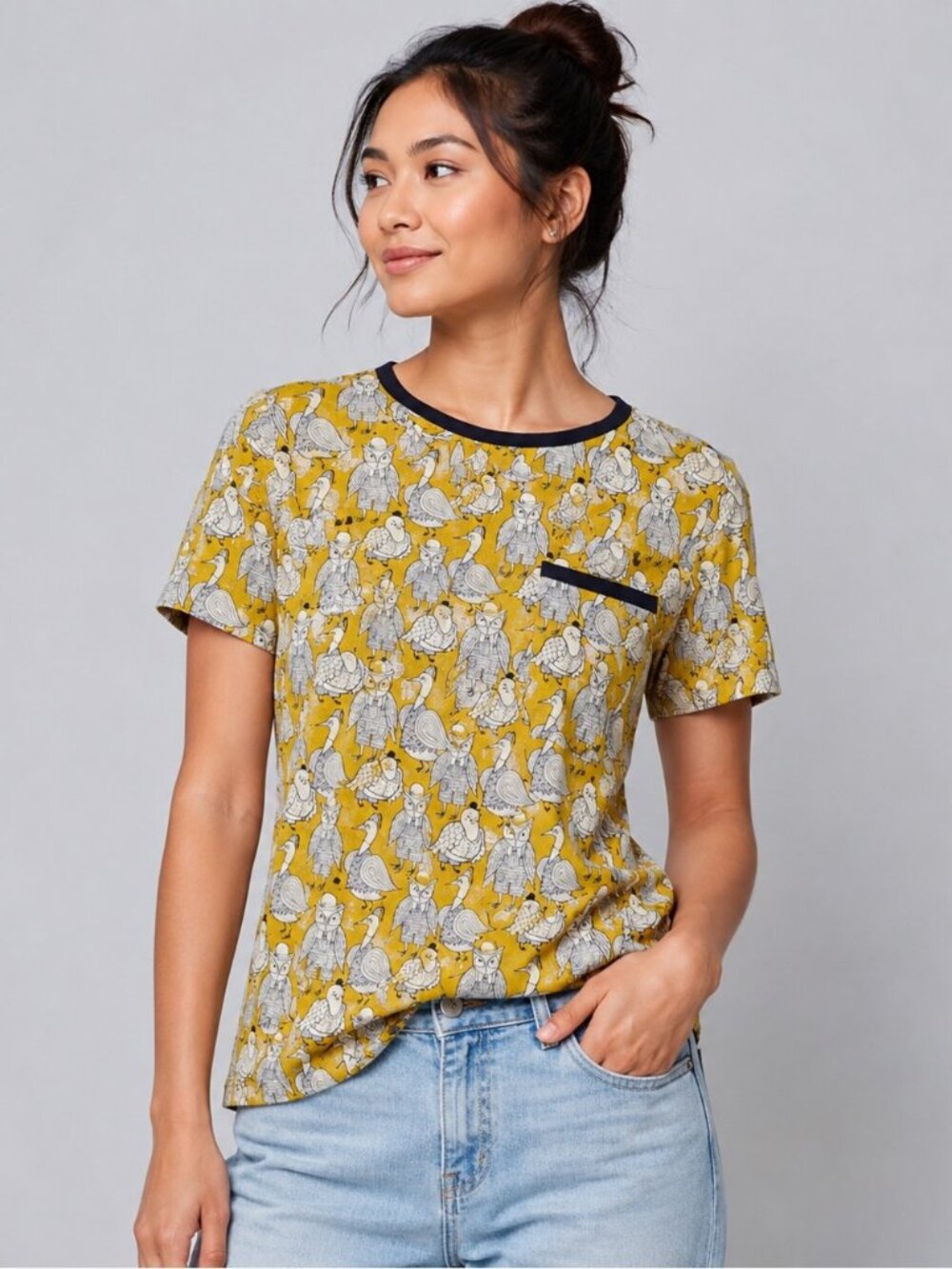 Maeve Anthropologie Quirky Whimsical Birds Owl in hats print Size 0  XS yellow